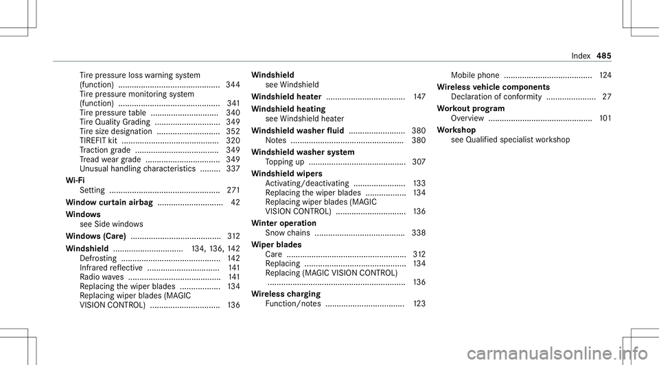 MERCEDES-BENZ GLE SUV 2021  Owners Manual Ti
re pressur eloss warning system
(funct ion)............................................. 344
Ti re pressur emonit oring system
(funct ion)............................................. 341
Ti re pre