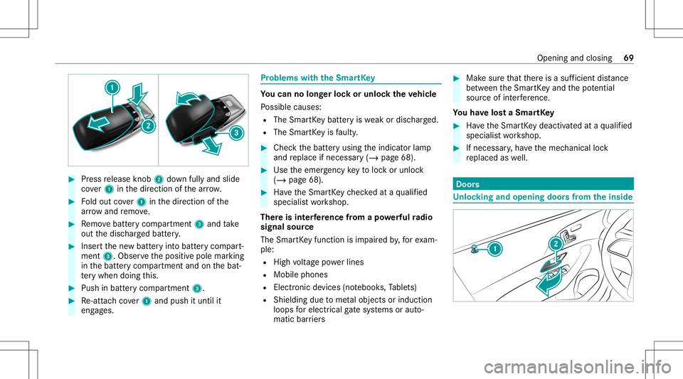MERCEDES-BENZ GLE SUV 2021 Manual PDF #
Press release knob 2 down fullyand slide
co ver1 inthedir ect ion ofthear row . #
Foldout cover1 inthedir ect ion ofthe
ar row and remo ve. #
Remo vebatt erycom partmen t3 and take
out thedisc harge