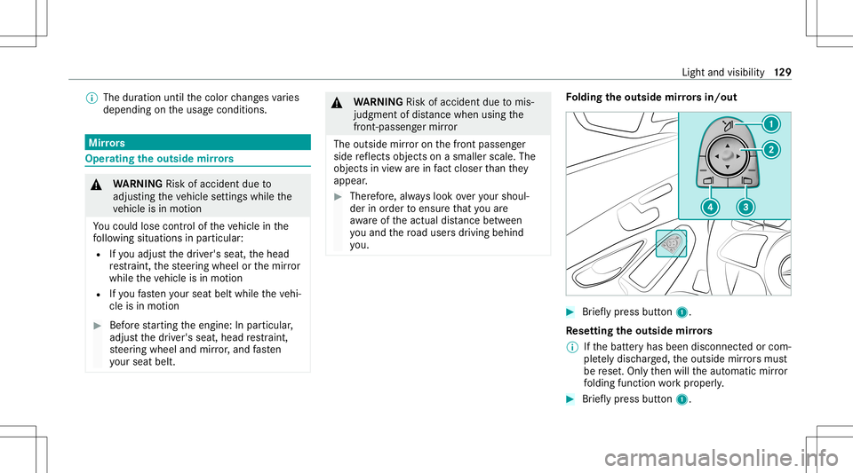 MERCEDES-BENZ GLC COUPE 2021 Owners Manual %
The duration untilthecolor chang esvaries
depending ontheusag econ ditions . Mir
rors Oper
ating theout side mirrors &
WARNIN GRisk ofacci dent dueto
adjus tingth eve hicle settin gswhile the
ve hic MERCEDES-BENZ GLC COUPE 2021 Owners Manual %
The duration untilthecolor chang esvaries
depending ontheusag econ ditions . Mir
rors Oper
ating theout side mirrors &
WARNIN GRisk ofacci dent dueto
adjus tingth eve hicle settin gswhile the
ve hic