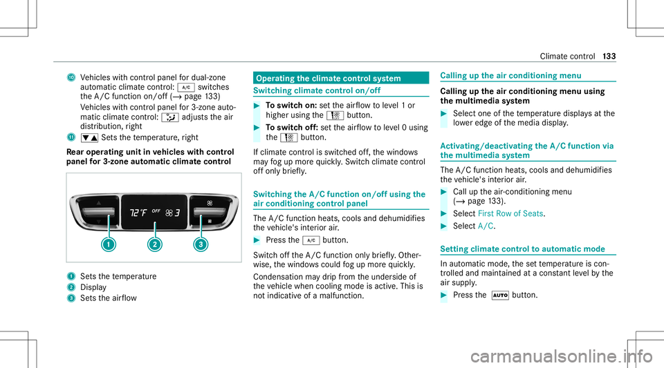 MERCEDES-BENZ GLC COUPE 2021 Owners Manual A
Vehicles withcont rolpanel fordua l-zone
au tomatic climatecontr ol:005A switches
th eA/C function on/off(/ page13 3)
Ve hicles withcont rolpanel for3-zone auto‐
matic climatecontr ol:008F adjus t MERCEDES-BENZ GLC COUPE 2021 Owners Manual A
Vehicles withcont rolpanel fordua l-zone
au tomatic climatecontr ol:005A switches
th eA/C function on/off(/ page13 3)
Ve hicles withcont rolpanel for3-zone auto‐
matic climatecontr ol:008F adjus t