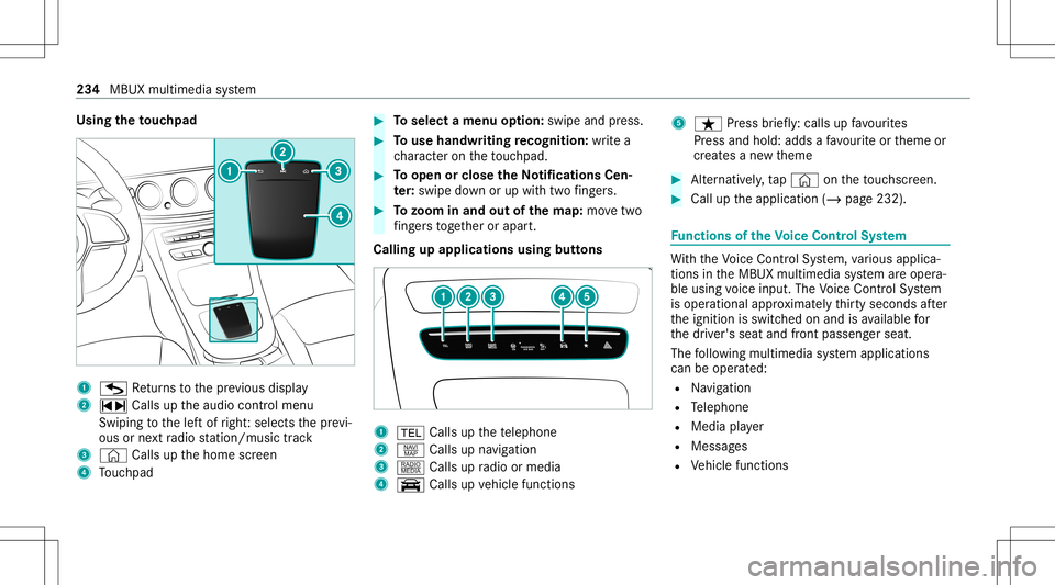 MERCEDES-BENZ GLC COUPE 2021  Owners Manual Using
theto uc hpad 1
G Retur ns tothepr ev ious displa y
2 ~ Callsuptheaudio control menu
Swiping tothelef tof right :selects thepr ev i‐
ous ornext radio statio n/music trac k
3 © Callsupthehome 