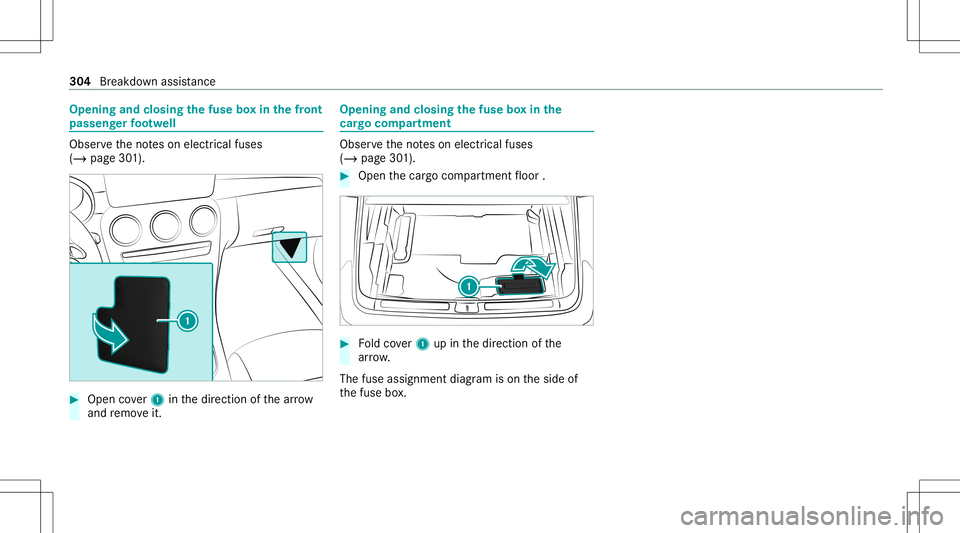 MERCEDES-BENZ GLC COUPE 2021  Owners Manual Opening
andclosing thefus ebo xin thefront
pa sseng erfoot we ll Obser
vetheno teson electr icalfuses
(/ page30 1). #
Open cover1 inthedir ect ion ofthear row
and remo veit. Opening
andclosing thefus 