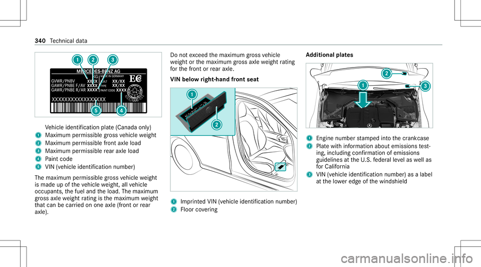 MERCEDES-BENZ GLC COUPE 2021 Owners Manual Ve
hicle identif ication plate(Canada only)
1 Maximum permissible gross vehicle weight
2 Maxim umpermissib lefront axle load
3 Maxim umpermissib lerear axle load
4 Paint code
5 VIN (vehicle identifica MERCEDES-BENZ GLC COUPE 2021 Owners Manual Ve
hicle identif ication plate(Canada only)
1 Maximum permissible gross vehicle weight
2 Maxim umpermissib lefront axle load
3 Maxim umpermissib lerear axle load
4 Paint code
5 VIN (vehicle identifica