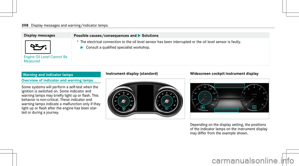 MERCEDES-BENZ GLC COUPE 2021  Owners Manual Disp
laymes sages
Possible causes/conseq uencesand0050 0050
Solutions
00B3 En gine OilLevel Cannot Be
Measured *T
heelectr icalconn ection totheoil leve lsen sor has been interru pte dor theoil leve l