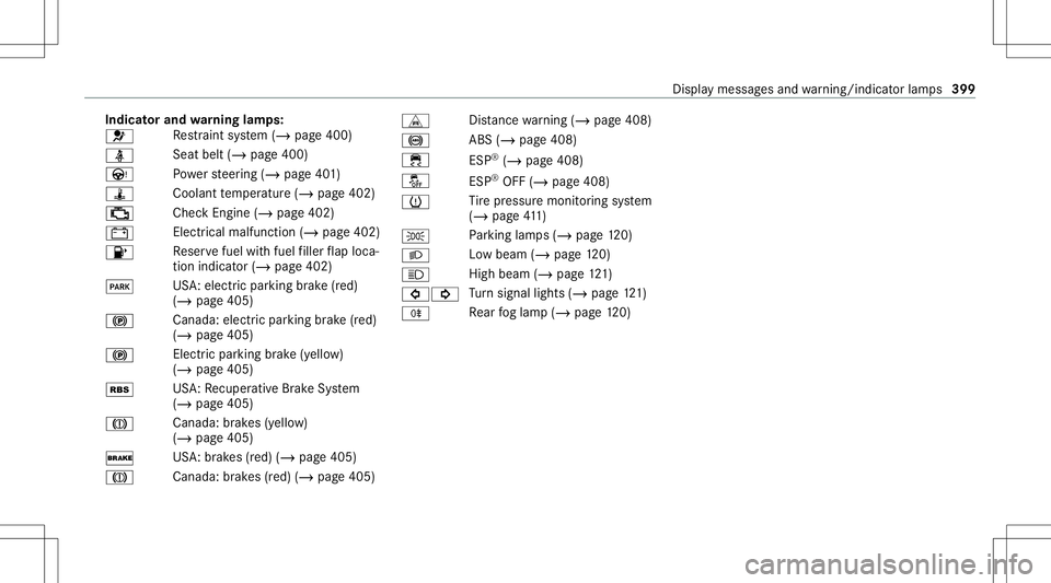 MERCEDES-BENZ GLC COUPE 2021 Owners Manual Indi
catorand warning lam ps:
0075 Re
stra int system (/ page400)
00E9 Seat
belt(/page400)
Ù Powe rst eer ing (/ page40 1)
ÿ Coolanttemp eratur e(/ page402)
00B9 Chec
kEn gine (/page402)
003D Elect
MERCEDES-BENZ GLC COUPE 2021 Owners Manual Indi
catorand warning lam ps:
0075 Re
stra int system (/ page400)
00E9 Seat
belt(/page400)
Ù Powe rst eer ing (/ page40 1)
ÿ Coolanttemp eratur e(/ page402)
00B9 Chec
kEn gine (/page402)
003D Elect