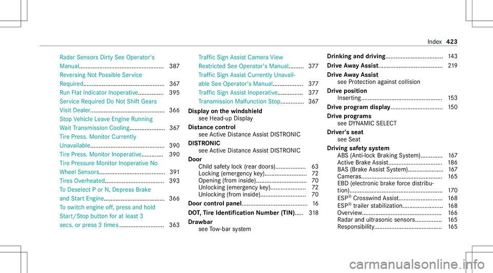 MERCEDES-BENZ GLC COUPE 2021 Owners Manual Ra
dar SensorsDir tySee Oper ator's
Manual. .................................................3 87
Re versing NotPo ssible Service
Re quired ................................................ 367
Ru MERCEDES-BENZ GLC COUPE 2021 Owners Manual Ra
dar SensorsDir tySee Oper ator's
Manual. .................................................3 87
Re versing NotPo ssible Service
Re quired ................................................ 367
Ru