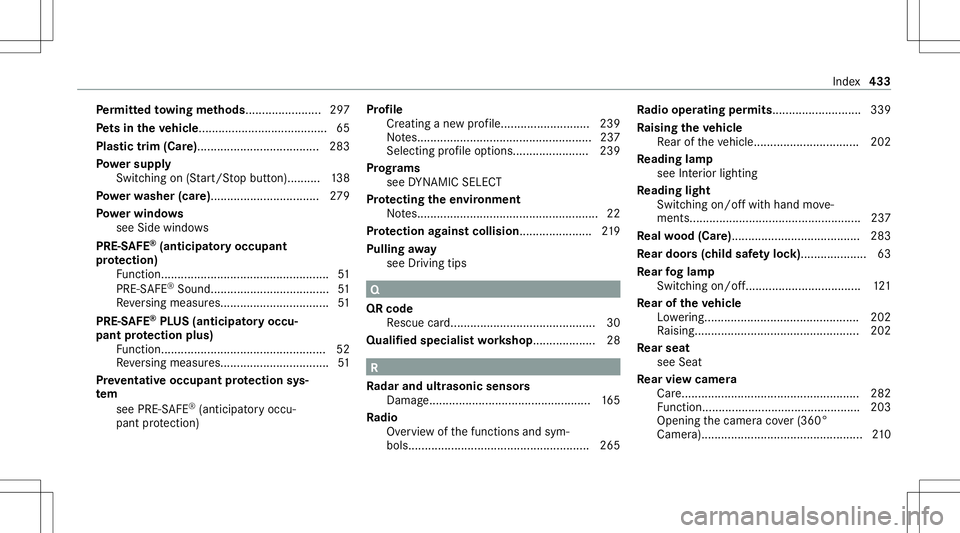 MERCEDES-BENZ GLC COUPE 2021 Owners Manual Pe
rm itted towing methods.. .....................2 97
Pe ts inthe vehicl e...... .................................65
Plas tictrim (Car e)............ .........................2 83
Po we rsupp ly
Swi MERCEDES-BENZ GLC COUPE 2021 Owners Manual Pe
rm itted towing methods.. .....................2 97
Pe ts inthe vehicl e...... .................................65
Plas tictrim (Car e)............ .........................2 83
Po we rsupp ly
Swi