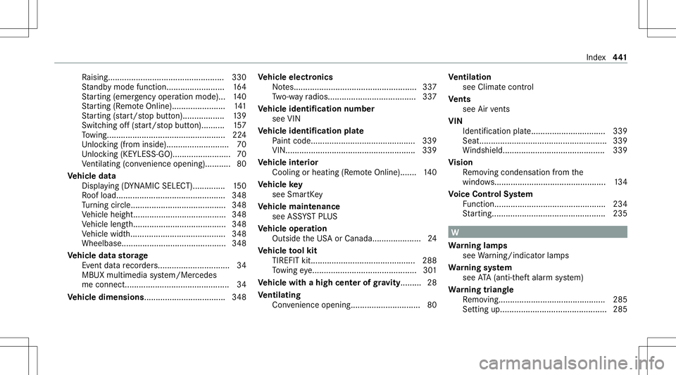 MERCEDES-BENZ GLC COUPE 2021  Owners Manual Ra
ising .................................................. 330
St andb ymode function.. .......................1 64
St artin g(eme rgency operation mode).. .140
St artin g(R emo teOnline).... .......