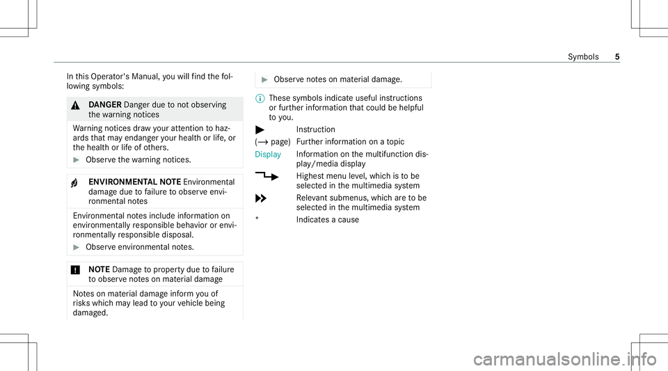 MERCEDES-BENZ GLC COUPE 2021  Owners Manual In
this Oper ator's Manual, youwill find thefo l‐
lo wing symbols : &
DANG ER Dan gerdue tonotob ser ving
th ewa rning notic es
Wa rning notic es draw your att entio nto haz‐
ar ds that ma yen