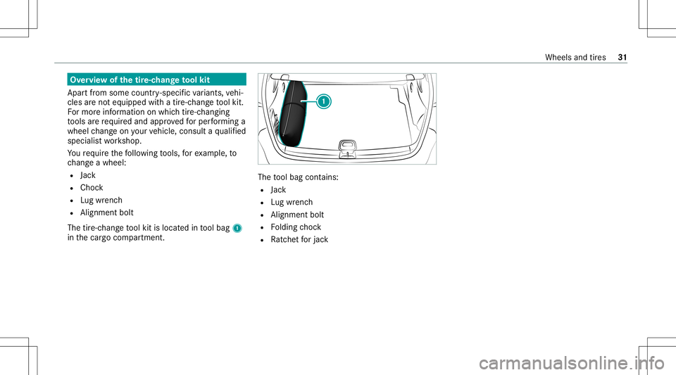 MERCEDES-BENZ GLB SUV 2021  AMG Owners Guide Ov
ervie wof thetir e-c han getool kit
Apar tfr om some country- specif icvariant s,vehi‐
cles areno teq uipped withatir e-c hang eto ol kit.
Fo rmor einf ormation onwhi chtire-c hangi ng
to ols are