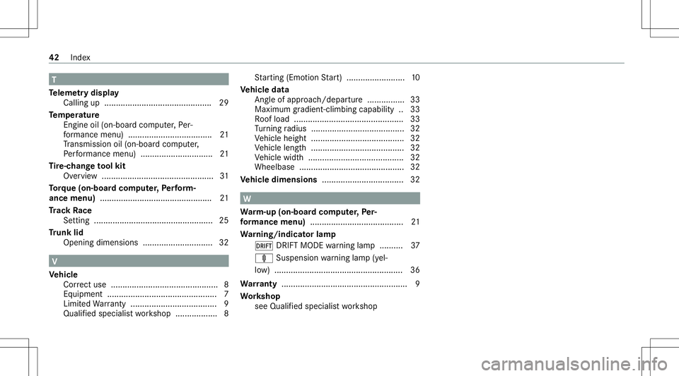 MERCEDES-BENZ GLB SUV 2021  AMG Service Manual T
Te leme try disp lay
Calling up.............................................. 29
Te mp eratur e
En gine oil(on -boardcom puter,Pe r‐
fo rm anc emen u)............................ ........ 21
Tr an