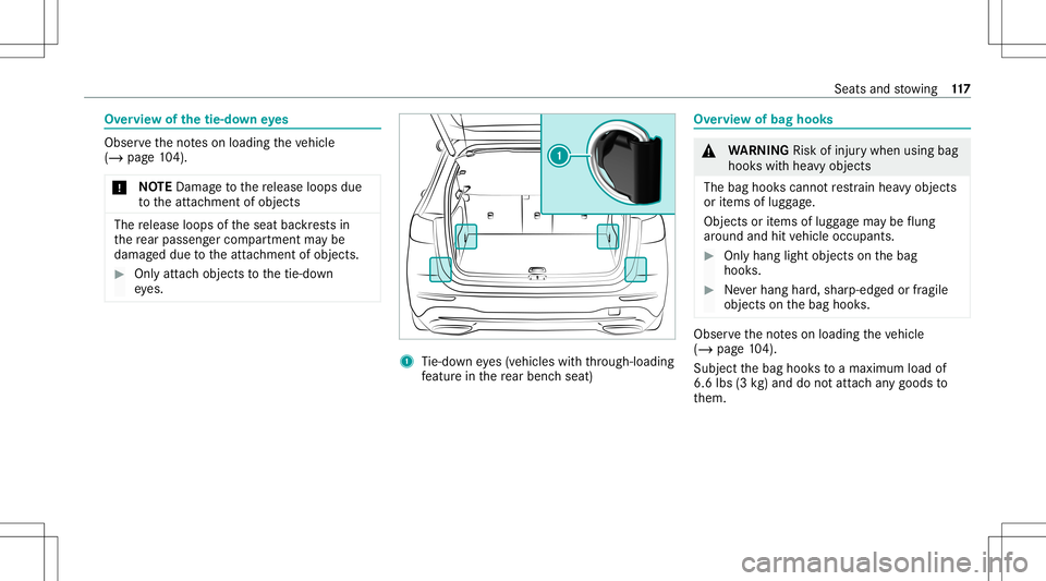 MERCEDES-BENZ GLB SUV 2021 Owners Manual Ov
ervie wof thetie- down eyes Obser
vetheno teson loadi ngtheve hicle
(/ page10 4).
* NO
TEDama getothere lease loops due
to theatt achment ofobjec ts The
release loops oftheseat backres ts in
th ere MERCEDES-BENZ GLB SUV 2021 Owners Manual Ov
ervie wof thetie- down eyes Obser
vetheno teson loadi ngtheve hicle
(/ page10 4).
* NO
TEDama getothere lease loops due
to theatt achment ofobjec ts The
release loops oftheseat backres ts in
th ere