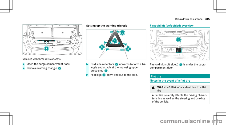 MERCEDES-BENZ GLB SUV 2021 Owners Manual Ve
hicles withth re erow sof seats #
Open thecar gocom partmen tfloor . #
Remo vewarning triang le1. Se
tting upthewa rning triang le #
Foldside reflect ors1 upw ards toform atri‐
ang leand attachat MERCEDES-BENZ GLB SUV 2021 Owners Manual Ve
hicles withth re erow sof seats #
Open thecar gocom partmen tfloor . #
Remo vewarning triang le1. Se
tting upthewa rning triang le #
Foldside reflect ors1 upw ards toform atri‐
ang leand attachat