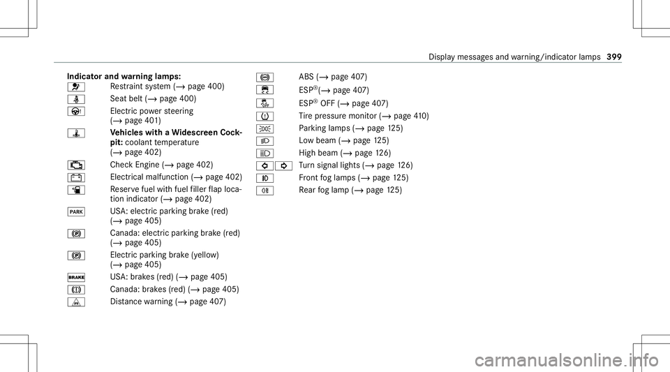 MERCEDES-BENZ GLB SUV 2021 Owners Manual Indi
catorand warning lam ps:
0075 Re
stra int system (/ page400)
00E9 Seat
belt(/page400)
Ù Electric po we rst eer ing
(/ page40 1)
ÿ Ve
hicl eswith aWi des cree nCo ck‐
pit :cool anttemp eratur MERCEDES-BENZ GLB SUV 2021 Owners Manual Indi
catorand warning lam ps:
0075 Re
stra int system (/ page400)
00E9 Seat
belt(/page400)
Ù Electric po we rst eer ing
(/ page40 1)
ÿ Ve
hicl eswith aWi des cree nCo ck‐
pit :cool anttemp eratur