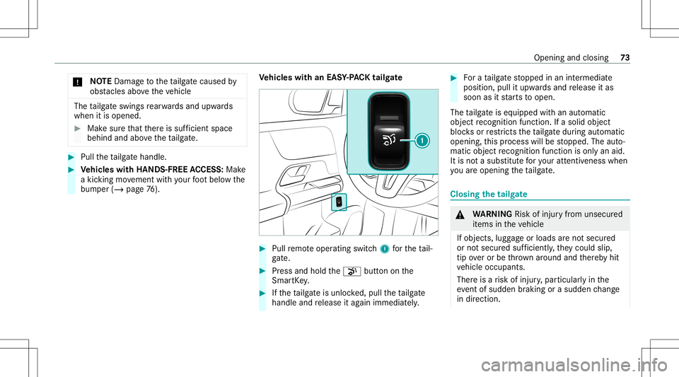 MERCEDES-BENZ GLB SUV 2021 Manual PDF *
NO
TEDama getotheta ilg atecaused by
obs tacle sab ove theve hicle The
tailg ateswing sre ar wa rdsand upwards
when itis opened. #
Mak esur eth at ther eis suf ficie ntspa ce
beh indand above theta 
