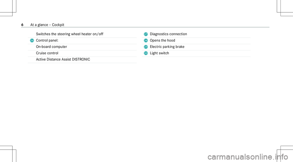 MERCEDES-BENZ GLE COUPE 2021  AMG Owners Manual Swi
tches thesteer ing wheel heateron/ off
Q Contr olpanel:
On- boar dcom puter
Cr uise control
Ac tiveDis tance AssistDIS TRONI C R
Diagno stics con nection
S Open sth ehood
T Elect ric pa rking brak