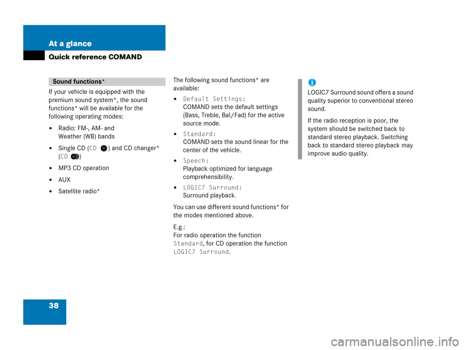 MERCEDES-BENZ ML-Class 2007 W166 Comand Manual 38 At a glance
Quick reference COMAND
If your vehicle is equipped with the 
premium sound system*, the sound 
functions* will be available for the 
following operating modes:
Radio: FM-, AM- and 
Wea