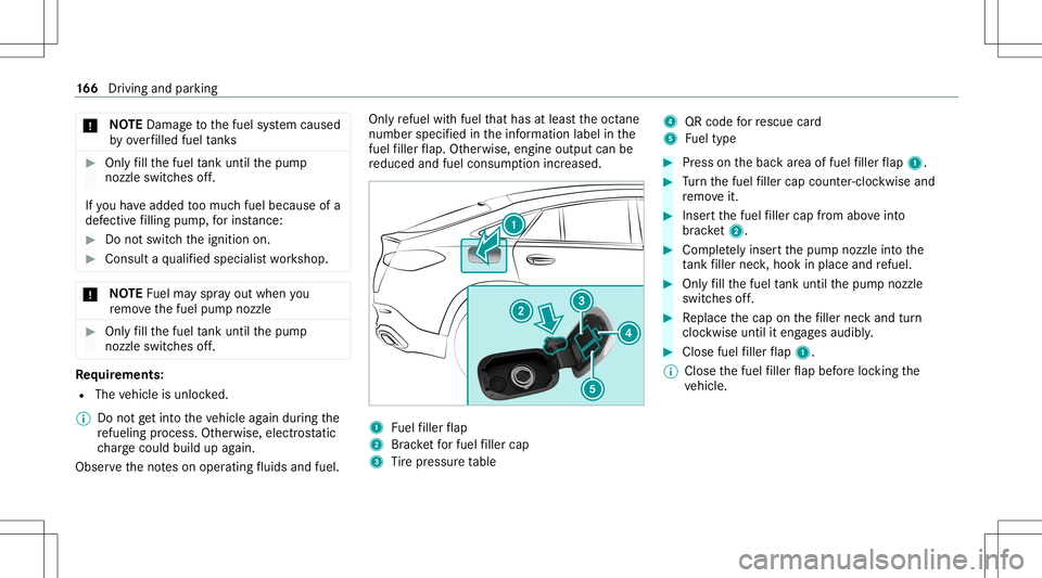 MERCEDES-BENZ GLE COUPE 2021  Owners Manual *
NO
TEDama getothefuel system caused
by ove rfilled fueltank s #
Only fill th efuel tank unti lth epum p
noz zleswitc hesoff.
If yo uha ve added toomuc hfuel because ofa
def ectiv efilling pump,forin