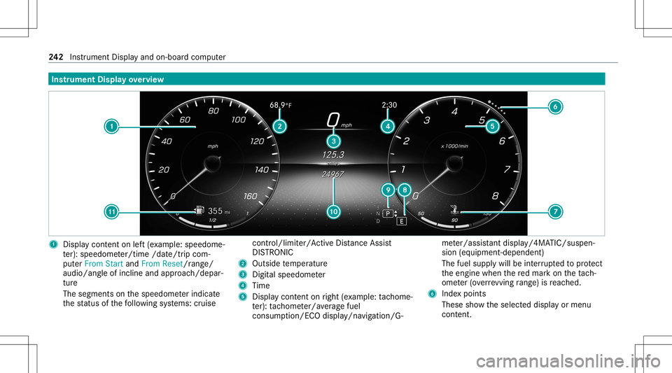 MERCEDES-BENZ GLE COUPE 2021 Owners Manual Ins
trum ent Disp layove rview 1
Displa ycon tent on left (exa mp le:speedom e‐
te r): spee dome ter/time /date/tripcom‐
put erFrom StartandFrom Reset/rang e/
au dio/a ngleof incline andapproac h/ MERCEDES-BENZ GLE COUPE 2021 Owners Manual Ins
trum ent Disp layove rview 1
Displa ycon tent on left (exa mp le:speedom e‐
te r): spee dome ter/time /date/tripcom‐
put erFrom StartandFrom Reset/rang e/
au dio/a ngleof incline andapproac h/