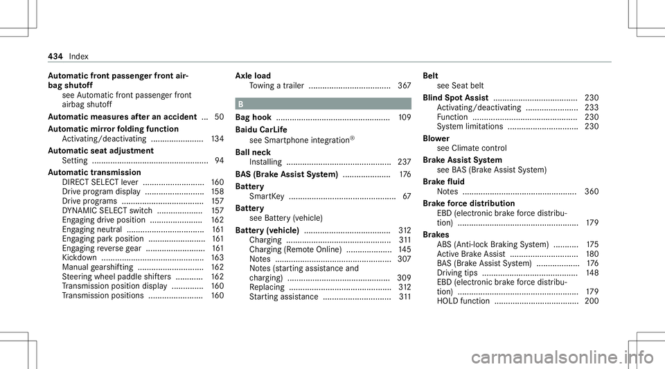 MERCEDES-BENZ GLE COUPE 2021  Owners Manual Au
tomatic fron tpass engerfr on tair‐
bag shutoff
see Automatic front pass engerfront
airb agshut off
Au tomatic measures afte ran acciden t... 50
Au tomatic mirrorfo lding function
Ac tivati ng/d 