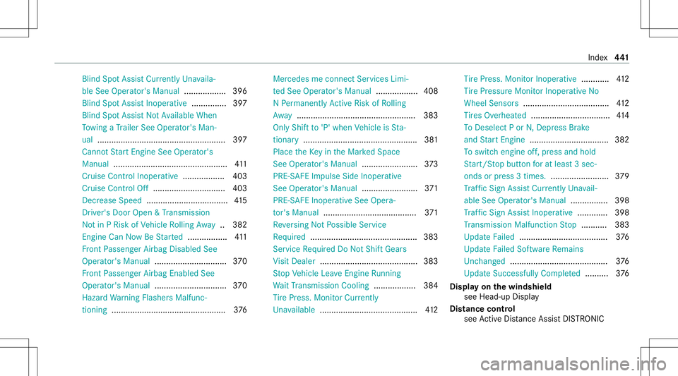MERCEDES-BENZ GLE COUPE 2021  Owners Manual Bli
nd Spo tAssi stCur rentl yUna vaila‐
ble See Opera tor's Manua l...... ............ 396
Blind SpotAssis tInoper ative..... ...... .... 397
Blind SpotAssis tNo tAv ailable When
To wing aTr ai