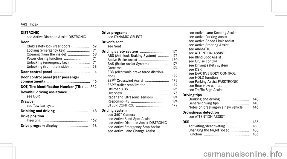 MERCEDES-BENZ GLE COUPE 2021 Owners Manual DIS
TRON IC
see ActiveDis tance AssistDIS TRONI C
Do or
Ch ild sa fety lock (rear door s)................ 62
Loc king(emer gency key) ................ .......7 1
Opening (from theinside) ............. MERCEDES-BENZ GLE COUPE 2021 Owners Manual DIS
TRON IC
see ActiveDis tance AssistDIS TRONI C
Do or
Ch ild sa fety lock (rear door s)................ 62
Loc king(emer gency key) ................ .......7 1
Opening (from theinside) .............