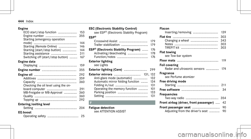 MERCEDES-BENZ GLE COUPE 2021 Owners Manual Engine
ECOstar t/ stop funct ion......................1 53
Engine number....... ....... ......................355
St artin g(eme rgency operation
mode) ...... ......................................... MERCEDES-BENZ GLE COUPE 2021 Owners Manual Engine
ECOstar t/ stop funct ion......................1 53
Engine number....... ....... ......................355
St artin g(eme rgency operation
mode) ...... .........................................