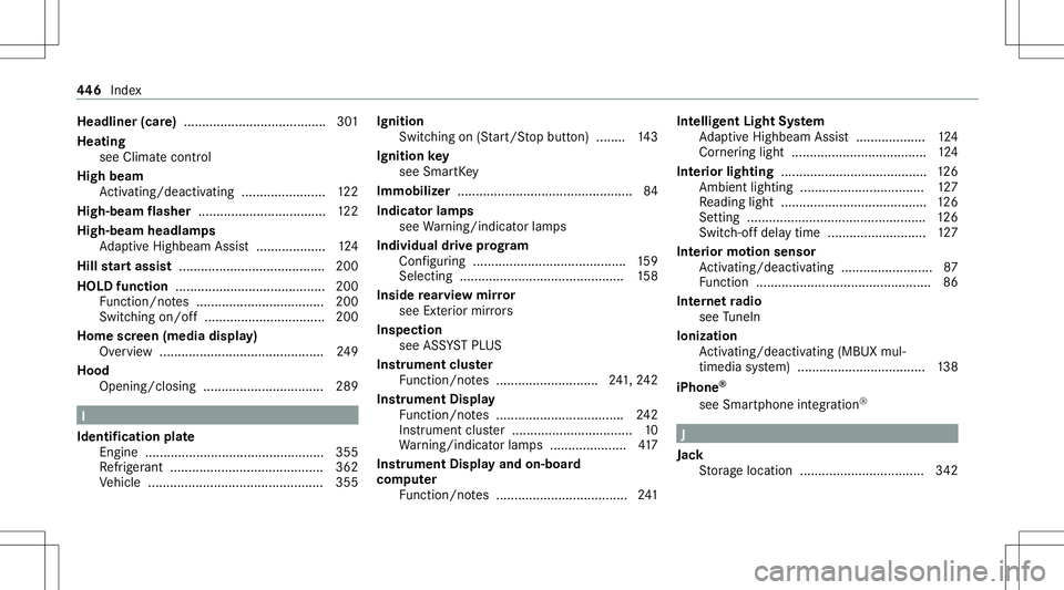 MERCEDES-BENZ GLE COUPE 2021 Owners Manual Headlin
er(car e)...... .................................301
Heating see Climat econtr ol
High beam
Ac tivati ng/d eactiv ating ........... ............122
High-b eamflasher .......................... MERCEDES-BENZ GLE COUPE 2021 Owners Manual Headlin
er(car e)...... .................................301
Heating see Climat econtr ol
High beam
Ac tivati ng/d eactiv ating ........... ............122
High-b eamflasher ..........................