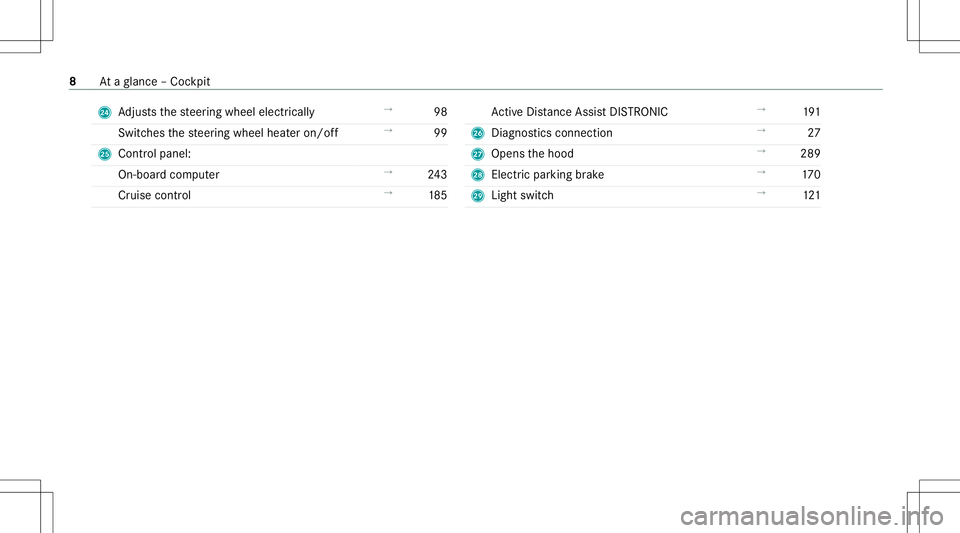 MERCEDES-BENZ GLE COUPE 2021  Owners Manual O
Adjus tsthesteer ing wheel electrically →
98
Switc hesthesteer ing wheel heateron/ off →
99
P Contr olpanel:
On- boar dcom puter →
243
Cr uise contro l →
185 Ac
tiveDis tance AssistDIS TRONI
