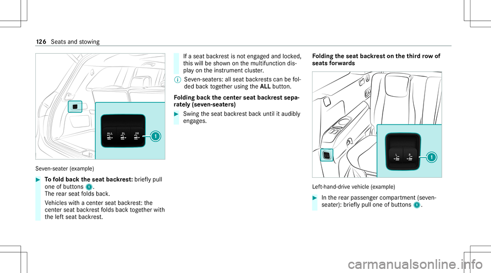 MERCEDES-BENZ GLS SUV 2021  Owners Manual Se
ven-sea ter(e xa mp le) #
Tofold bac kth eseat backres t:brief lypull
one ofbutt ons 1.
The rear seat folds bac k.
Ve hicles withacent erseat backres t:the
cent ersea tba ckrest folds bac kto get h
