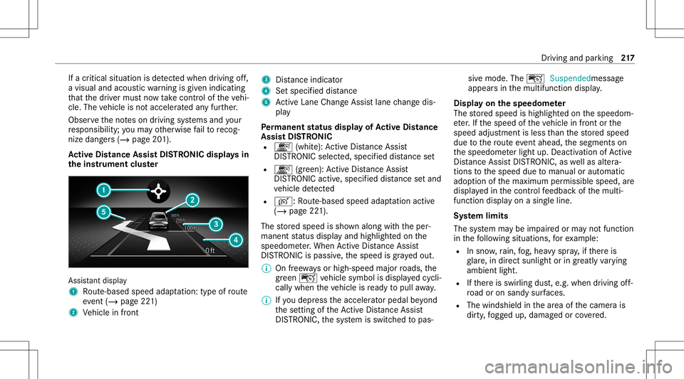 MERCEDES-BENZ GLS SUV 2021 Owners Manual If
acr itical situationisde tected whe ndr ivi ng off,
a vis ualand acoustic warning isgiv en indic ating
th at thedr iver mus tno wtake contr olof theve hi‐
cle. The vehicle isno tacceler ated anyf MERCEDES-BENZ GLS SUV 2021 Owners Manual If
acr itical situationisde tected whe ndr ivi ng off,
a vis ualand acoustic warning isgiv en indic ating
th at thedr iver mus tno wtake contr olof theve hi‐
cle. The vehicle isno tacceler ated anyf