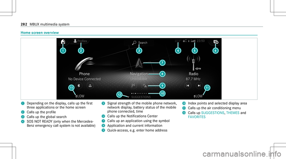 MERCEDES-BENZ GLS SUV 2021 Owners Manual Home
screen overvie w 1
Dep endingonthedispla y,cal lsup thefirs t
th re eapplications orthehome screen
2 Calls upthepr ofile
3 Calls uptheglobal search
4 SOS NOTREAD Y(only when theMer cedes-
Benz em MERCEDES-BENZ GLS SUV 2021 Owners Manual Home
screen overvie w 1
Dep endingonthedispla y,cal lsup thefirs t
th re eapplications orthehome screen
2 Calls upthepr ofile
3 Calls uptheglobal search
4 SOS NOTREAD Y(only when theMer cedes-
Benz em