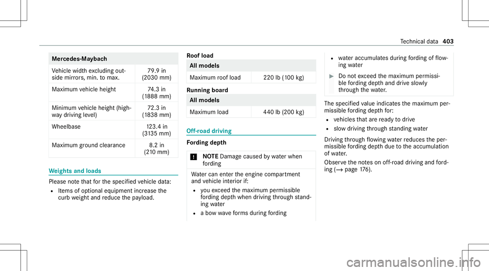 MERCEDES-BENZ GLS SUV 2021 Owners Manual Mer
cede s‑Maybac h
Ve hicle widthexc luding out‐
side mirrors,min. tomax. 79.9
in
(2030 mm)
Maximu mvehicle height 74.3 in
(1 888 mm)
Mini mum vehicle height (high‐
wa ydr ivin gleve l) 72
.3 i MERCEDES-BENZ GLS SUV 2021 Owners Manual Mer
cede s‑Maybac h
Ve hicle widthexc luding out‐
side mirrors,min. tomax. 79.9
in
(2030 mm)
Maximu mvehicle height 74.3 in
(1 888 mm)
Mini mum vehicle height (high‐
wa ydr ivin gleve l) 72
.3 i