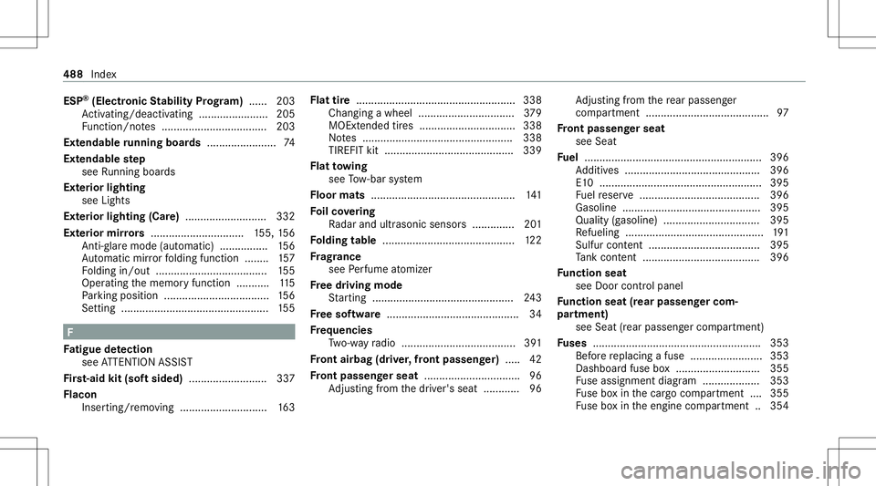 MERCEDES-BENZ GLS SUV 2021 Owners Manual ESP
®
(Electr onicStabil ityProg ram) ...... 203
Ac tivati ng/d eactiv ating ........... ........... .205
Fu nctio n/no tes ................................... 203
Ext endable running boards......... MERCEDES-BENZ GLS SUV 2021 Owners Manual ESP
®
(Electr onicStabil ityProg ram) ...... 203
Ac tivati ng/d eactiv ating ........... ........... .205
Fu nctio n/no tes ................................... 203
Ext endable running boards.........