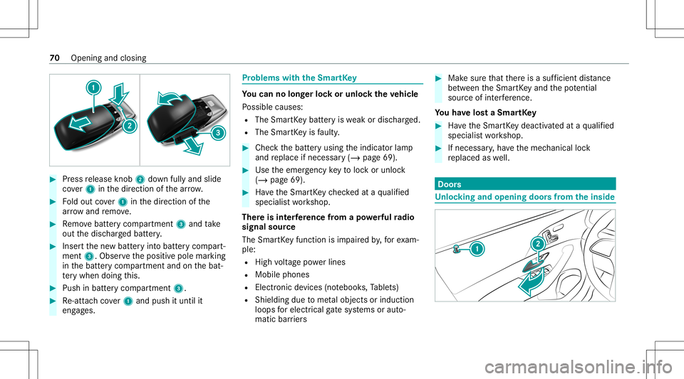 MERCEDES-BENZ GLS SUV 2021 Manual PDF #
Press release knob 2 down fullyand slide
co ver1 inthedir ect ion ofthear row . #
Foldout cover1 inthedir ect ion ofthe
ar row and remo ve. #
Remo vebatt erycom partmen t3 and take
out thedisc harge