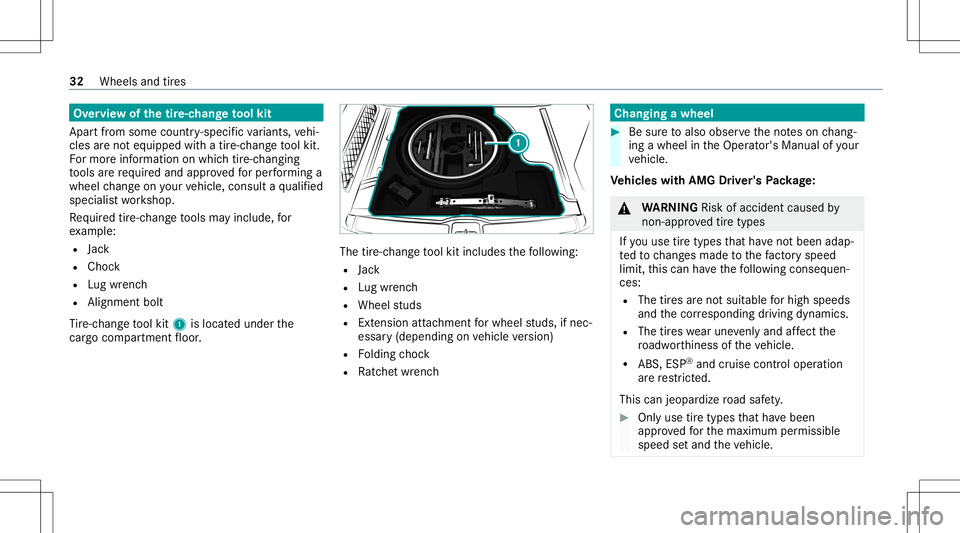 MERCEDES-BENZ GLS SUV 2021  AMG Owners Guide Ov
ervie wof thetir e-c han getool kit
Apar tfr om some country- specif icvariant s,vehi‐
cles areno teq uipped withatir e-c hang eto ol kit.
Fo rmor einf ormation onwhi chtire-c hangi ng
to ols are