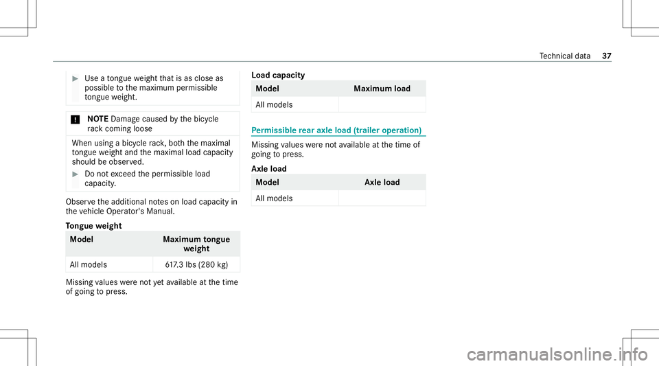 MERCEDES-BENZ GLS SUV 2021 AMG Owners Guide #
Use ato ngu ewe ight that isas clo seas
poss ibletothemaximum permissible
to ngu ewe ight . *
NO
TEDama gecau sed bythebicy cle
ra ck comi ngloose Whe
nus ing abi cy cle rack ,bo th themaximal
to ng MERCEDES-BENZ GLS SUV 2021 AMG Owners Guide #
Use ato ngu ewe ight that isas clo seas
poss ibletothemaximum permissible
to ngu ewe ight . *
NO
TEDama gecau sed bythebicy cle
ra ck comi ngloose Whe
nus ing abi cy cle rack ,bo th themaximal
to ng