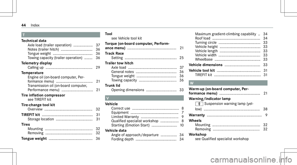 MERCEDES-BENZ GLS SUV 2021  AMG Service Manual T
Te ch nical data
Ax leload (trailer operation) ...................3 7
No tes(tr aile rhitc h)...............................3 6
To ngu ewe ight .......................................3 6
To wing cap