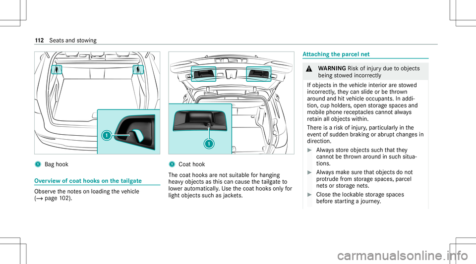 MERCEDES-BENZ GLC SUV 2021  Owners Manual 1
Bag hook Ov
ervie wof coat hoo kson thetailg ate Obser
vetheno teson loadi ngtheve hicle
(/ page10 2). 1
Coathook
The coat hooksar eno tsui table forhangi ng
hea vyobjects asthis can cause theta ilg