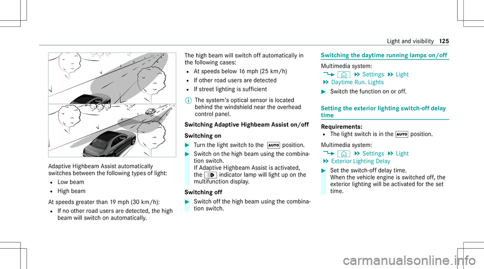 MERCEDES-BENZ GLC SUV 2021 Owners Manual Ad
aptiveHig hbeam Assis taut omat ically
swit ches between thefo llo wing types oflight :
R Lowbeam
R High beam
At speeds great erthan 19 mp h(3 0km/h):
R Ifno other road user sar ede tected, thehigh MERCEDES-BENZ GLC SUV 2021 Owners Manual Ad
aptiveHig hbeam Assis taut omat ically
swit ches between thefo llo wing types oflight :
R Lowbeam
R High beam
At speeds great erthan 19 mp h(3 0km/h):
R Ifno other road user sar ede tected, thehigh