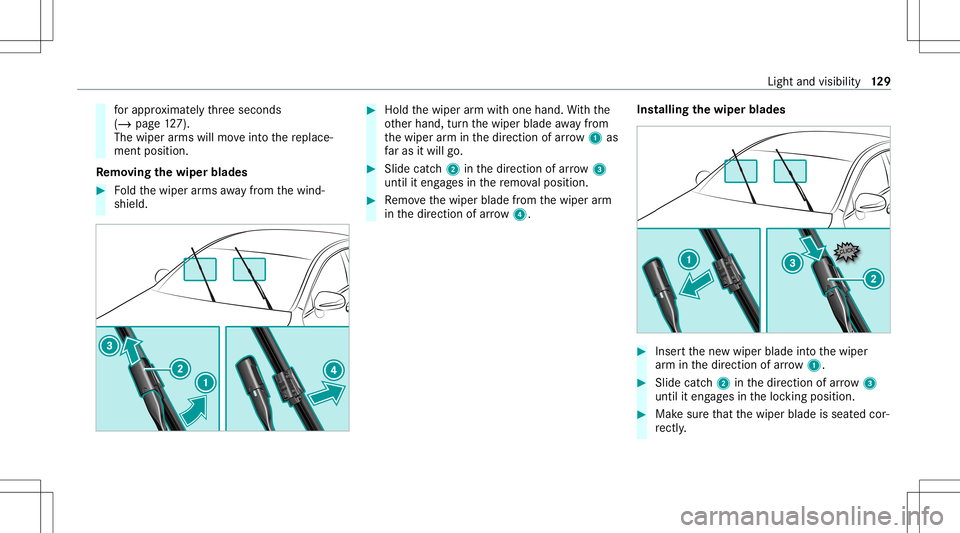 MERCEDES-BENZ GLC SUV 2021  Owners Manual fo
rapp roxima tely thre esecon ds
(/ page12 7).
The wiperarms willmo veintoth ere place‐
ment position .
Re mo ving the wiper blade s #
Foldthewiper arms away from thewind‐
shield. #
Hold thewipe
