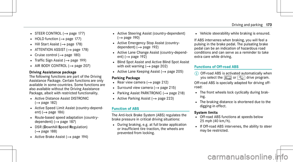 MERCEDES-BENZ GLC SUV 2021  Owners Manual R
STEER CONTR OL(/ page 177)
R HOLD functio n(/ page 177)
R HillSt artAs sis t(/ page17 8)
R ATTENTION ASSIST(/ page17 8)
R Cruis econtr ol(/ page 180)
R Traf fic Sign Assist(/ pag e19 9)
R AIR BOD YC