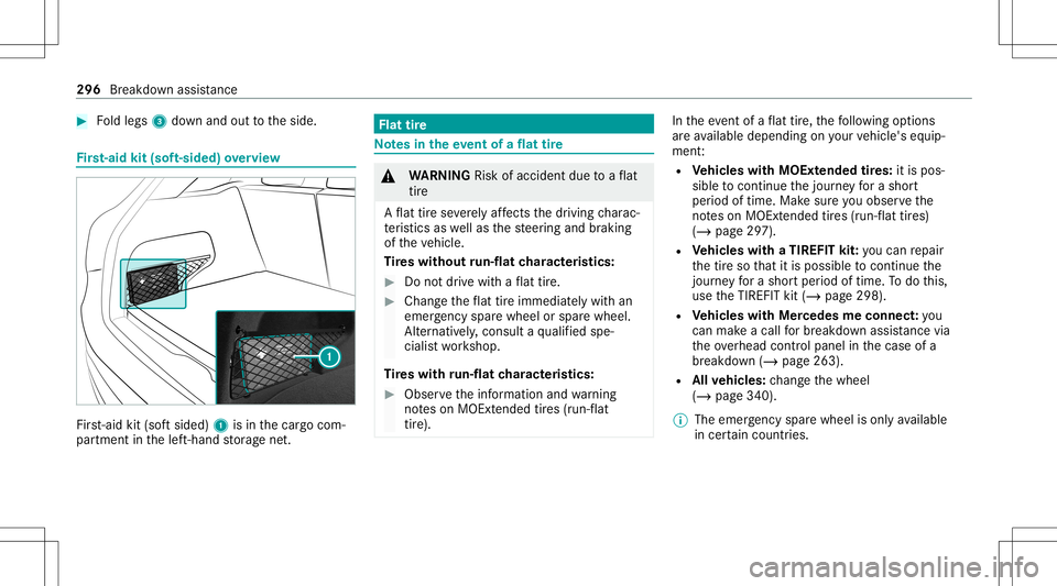 MERCEDES-BENZ GLC SUV 2021  Owners Manual #
Foldlegs 3down and outtotheside. Fi
rs t-aid kit(sof t-si ded) overview Fir
st-ai dkit (softsided) 1isin thecar gocom‐
par tmen tin thelef t-hand stor ag ene t. Flat
tire No
tesin theeve ntofaflat