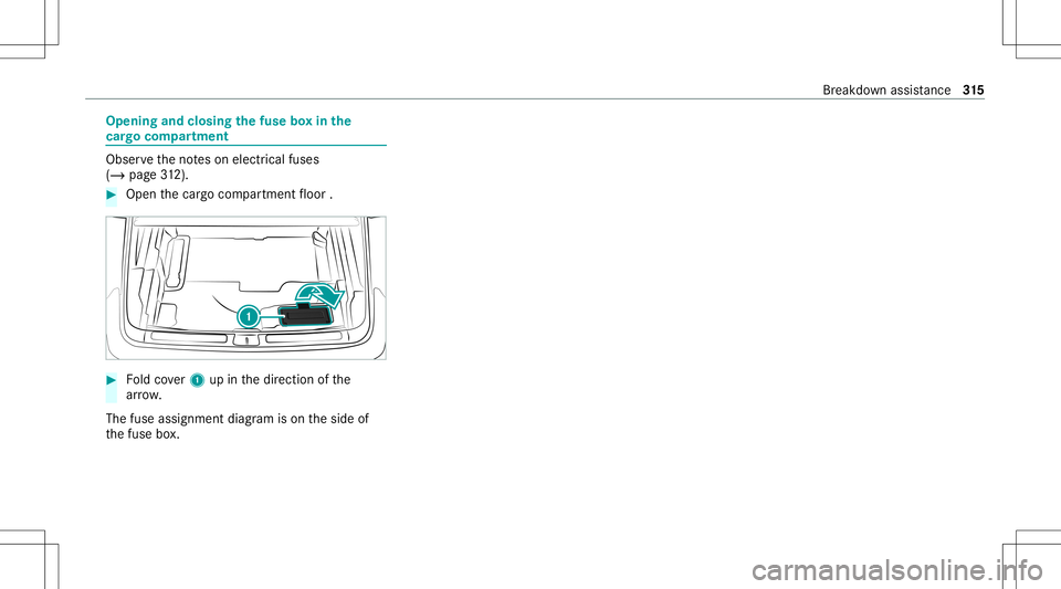 MERCEDES-BENZ GLC SUV 2021  Owners Manual Opening
andclosing thefus ebo xin the
car gocom partmen t Ob
serveth eno teson electr icalfuses
(/ page31 2). #
Open thecar gocom partmen tfloor . #
Foldcover1 upinthedir ect ion ofthe
ar row .
The fu