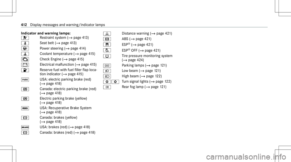 MERCEDES-BENZ GLC SUV 2021  Owners Manual Indi
catorand warning lam ps:
0075 Re
stra int system (/ page41 3)
00E9 Sea
tbel t(/ page 413)
Ù Powe rst eer ing (/ page41 4)
ÿ Coolantte mp eratur e(/ page41 5)
00B9 Che
ckEngi ne(/ page 415)
003D