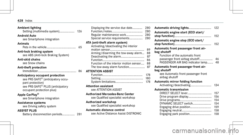 MERCEDES-BENZ GLC SUV 2021 Owners Manual Amb
ientlighting
Se tting (mult imediasystem).. ................1 26
Andr oidAuto
see Smar tphone integr ation
Animals Pets intheve hicle ................................... 65
Anti-loc kbr aking syst MERCEDES-BENZ GLC SUV 2021 Owners Manual Amb
ientlighting
Se tting (mult imediasystem).. ................1 26
Andr oidAuto
see Smar tphone integr ation
Animals Pets intheve hicle ................................... 65
Anti-loc kbr aking syst