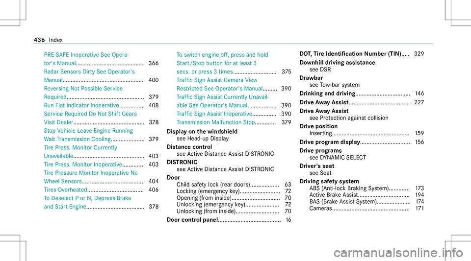 MERCEDES-BENZ GLC SUV 2021  Owners Manual PRE-S
AFEInoper ativeSee Oper a‐
to r's Manua l........ ...... ............................ 366
Ra dar SensorsDir tySee Oper ator's
Manual. .................................................4