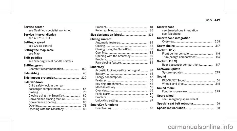 MERCEDES-BENZ GLC SUV 2021  Owners Manual Ser
vice center
see Qualif iedspecialis two rkshop
Ser vice interva ldisp lay
see ASSYST PLUS
Se tting aspeed
see Cruise control
Se tting thema pscale
see Map
Shif tpa dd les
see Steer ing wheel paddl