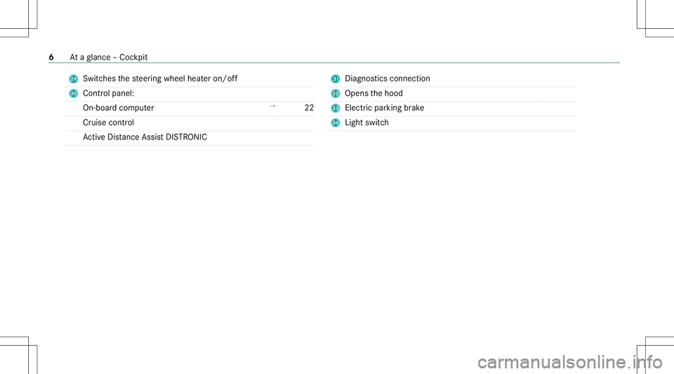 MERCEDES-BENZ GLA SUV 2021  AMG Owners Manual T
Switches thesteer ing wheel heateron/ off
U Contr olpanel:
On- boar dcom puter →
22
Cr uise control
Ac tiveDis tance AssistDIS TRONI C V
Diagno stics con nection
W Open sth ehood
X Elect ric pa rk