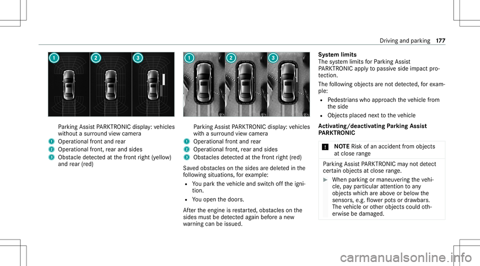 MERCEDES-BENZ S-CLASS CABRIOLET 2021 Service Manual Pa
rking AssistPA RK TRONI Cdisp lay: vehicles
wit hout asur round viewcam era
1 Operation alfron tand rear
2 Operation alfron t,re ar and sides
3 Obstacle detected atthefront right (yello w)
and rear